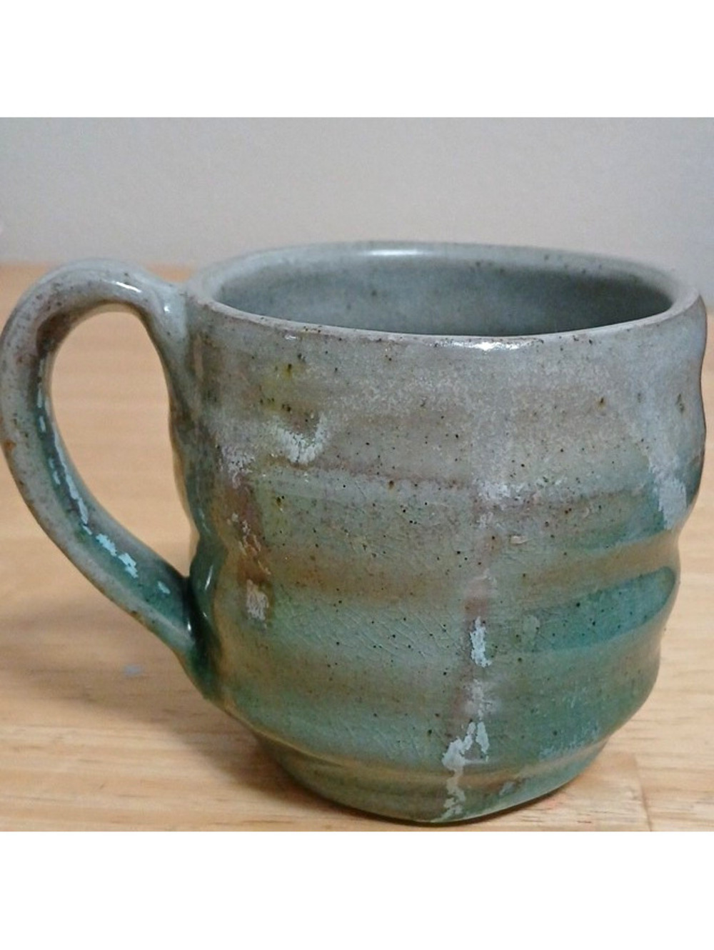 Handmade Pottery Ceramic Mug w/ Handle Gray & Green Glaze Hot Beverages signed
